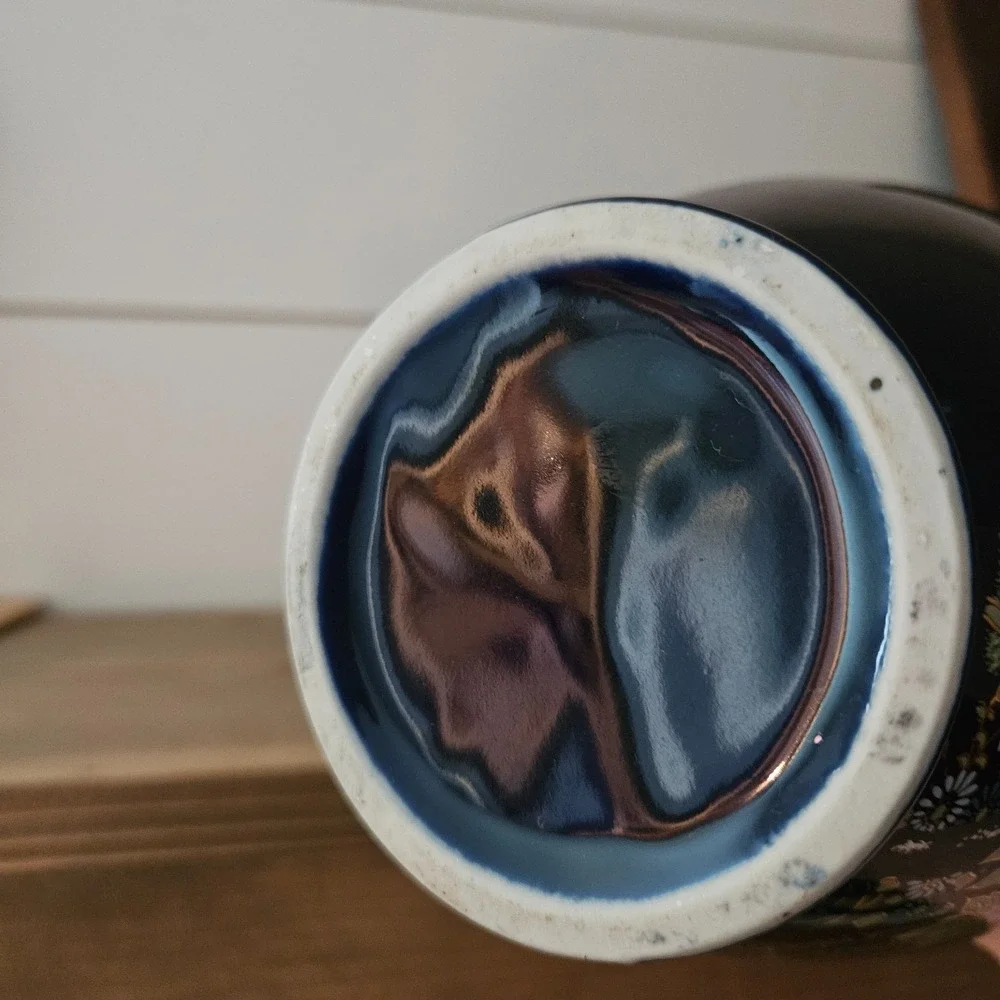 Vintage Cobalt Blue Peacock Floral Ginger Jar Vase Asian Style Decorative‎